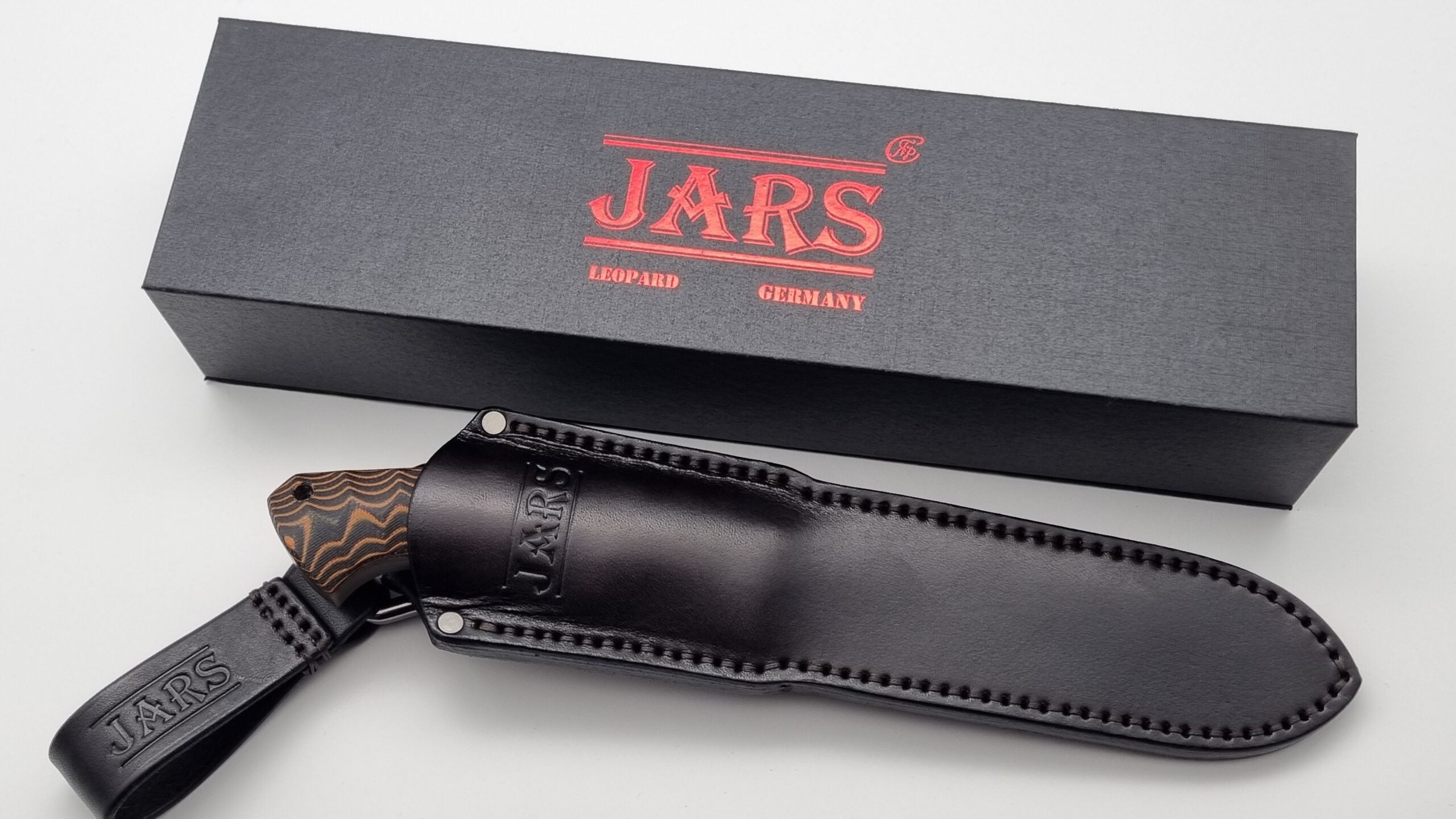 Leopard JARS Jagd Outdoor Messer Orange/Black Micarta Leder